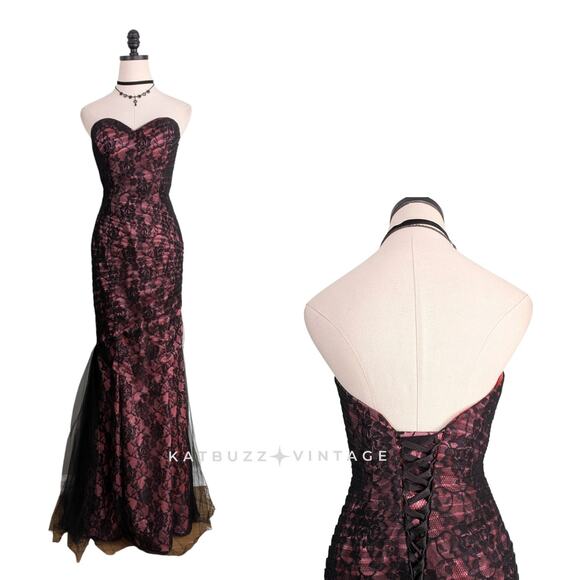 Vintage Prom Dress Maxi Gown 6 Pink Black Lace Y2K Corset Strapless Mermaid  Goth